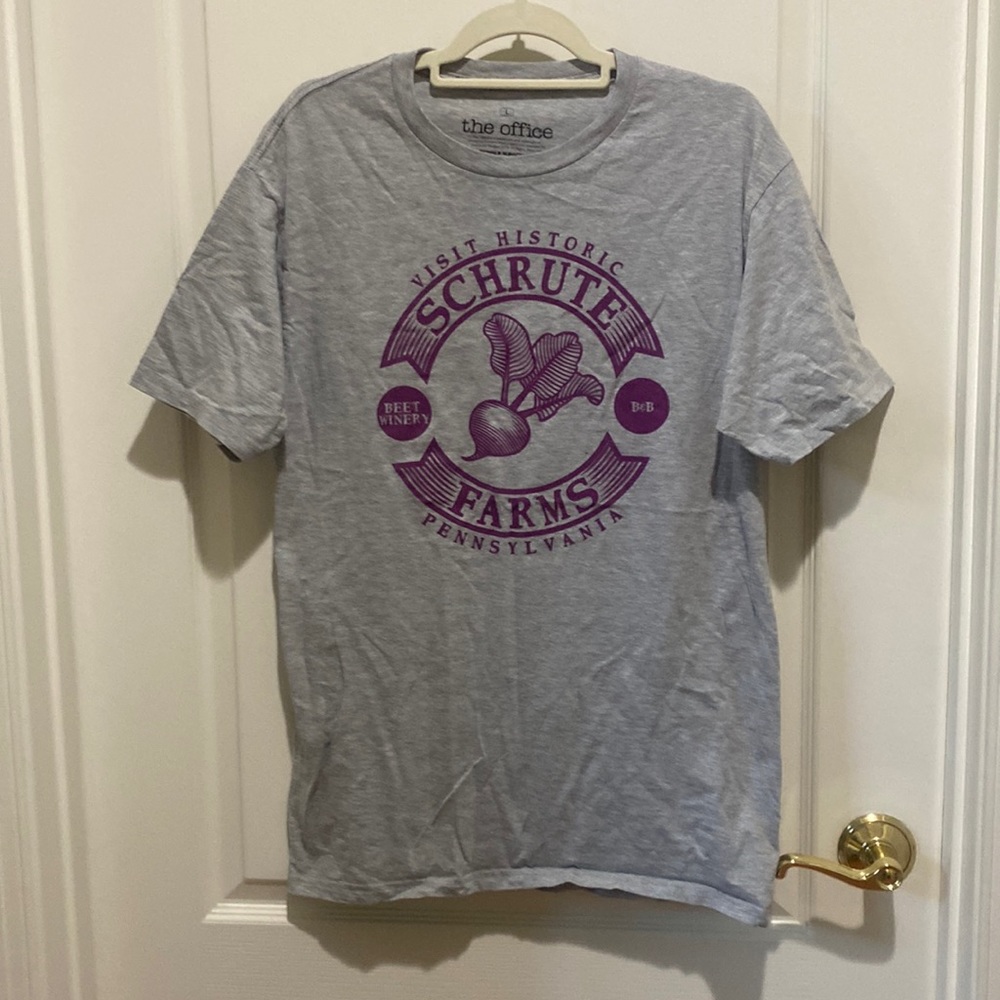 RIPPLE JUNCTION THE OFFICE Shrute Farms Tee T Shirt Gray Purple L Large EUC